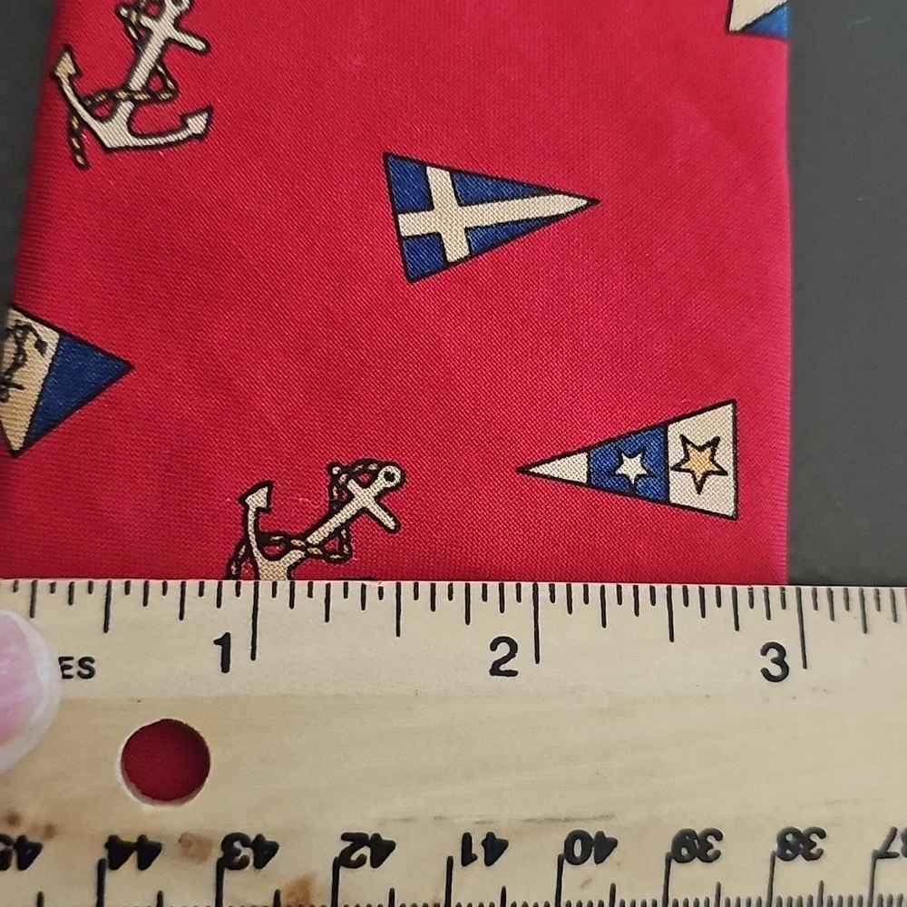 Nautical Red Tie with Anchor and Flag Design By VALENTE. Made In USA 100% Cotton